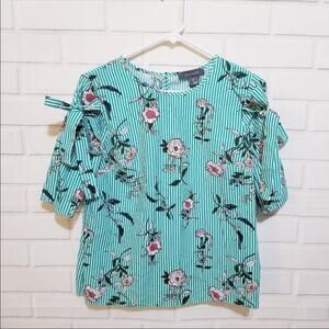 Primark Floral Print  Stripes Tie Sleeves Blouse Short Sleeves Made in Romania